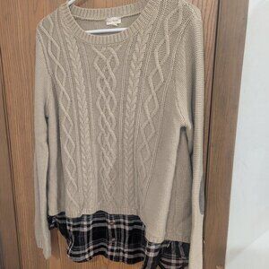 Hem and Thread Cable Knit Cream Sweater Flannel Trim Layer-L